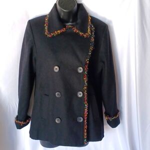 KC Collections Black Wool blend Pea Coat w/rainbow trim